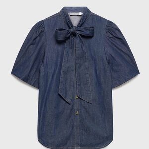 Denim Blue Blouse with Bow